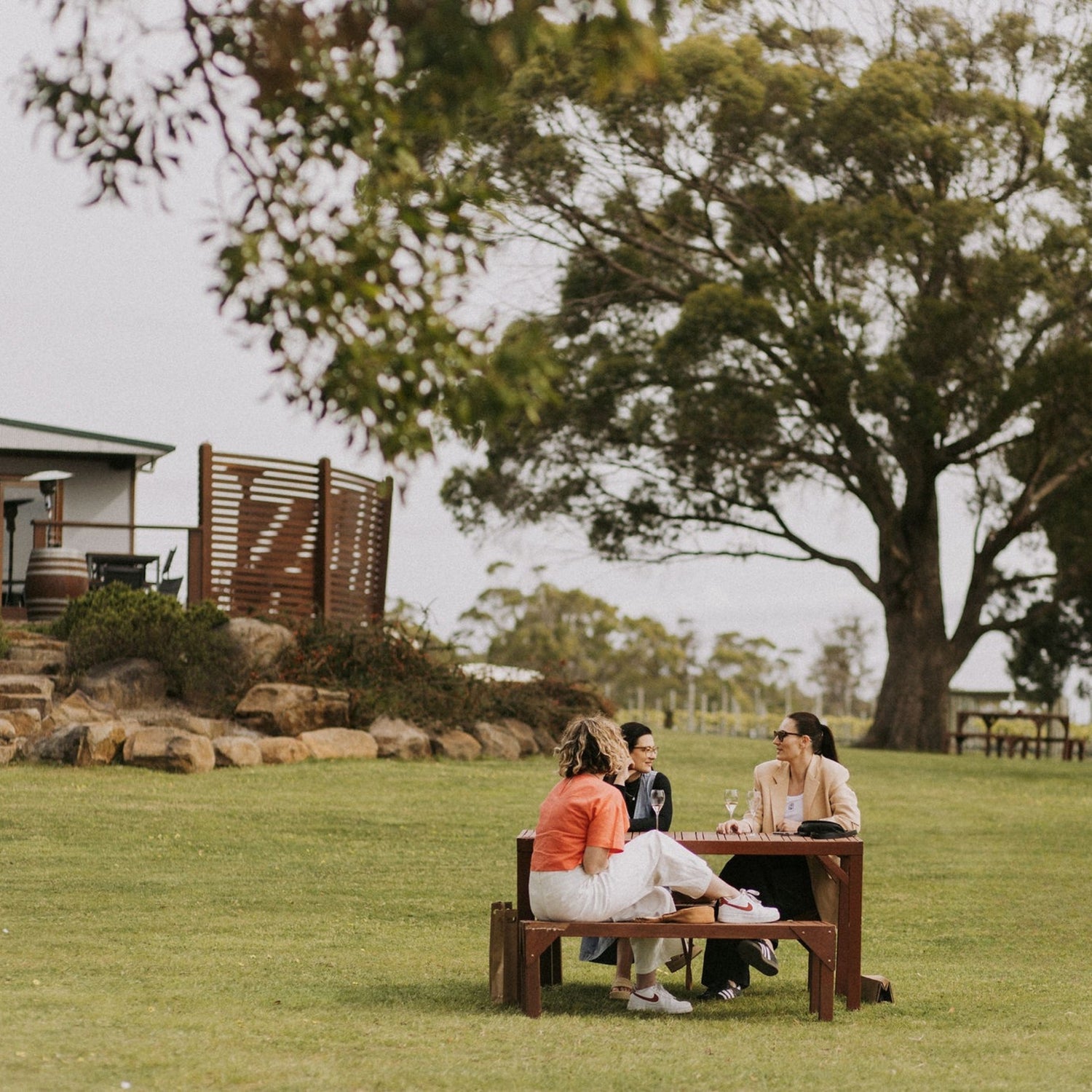 People sitting at a picnic table outside the Small Wonder Cellar Door in the Tamar Valley with trees in the background.